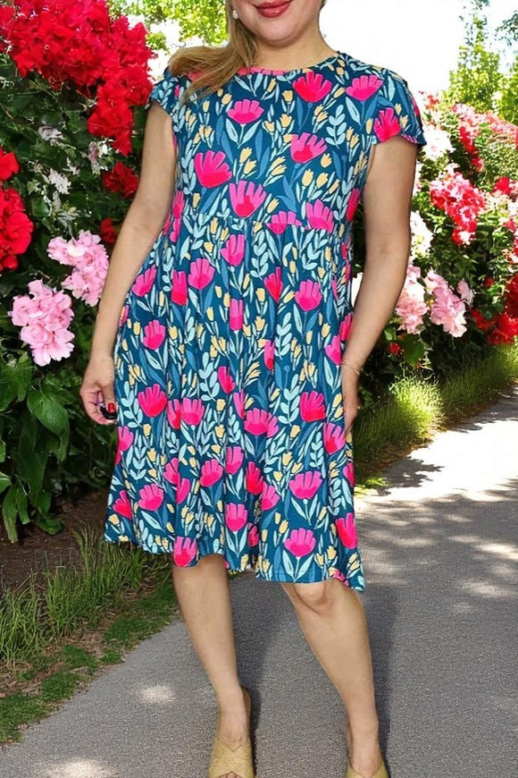 Summer mom and me dress Floral & blue printed & short sleeve dress XCH16126