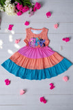 Girls dress wholesale Unicorn prints pink orange teal kids swirl dress DLH2871