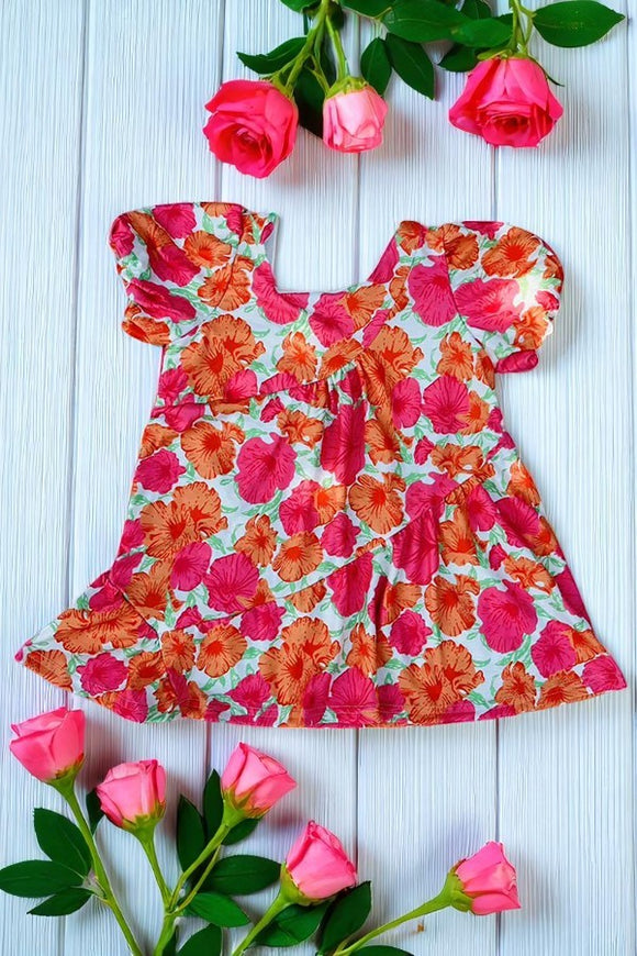 Wholesale floral asymmetry girls dress w/short sleeves DLH2869