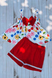 Girls clothing sets wholesale Flower & fruit prints top & red shorts 2pc kids sets DLH2878