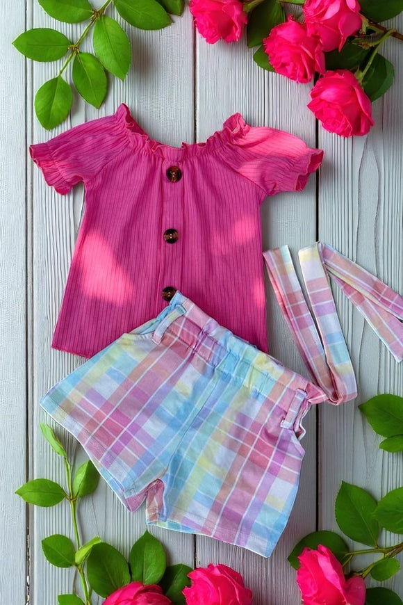 Shop Pink ribbed knitted fabric top & plaid shorts 2pc girls sets DLH2867