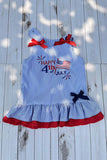 HAPPY 4th july & AMERICAN flag embroidery & blue stripes girls dress DLH2874 A9S3