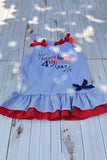 HAPPY 4th july & AMERICAN flag embroidery & blue stripes girls dress DLH2874 A9S3