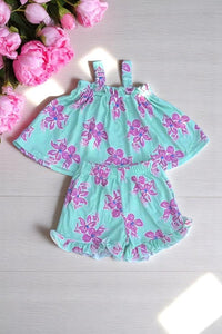 Children boutique clothing wholesale Floral prints top & pocket shorts 2pc girls sets DLH2857