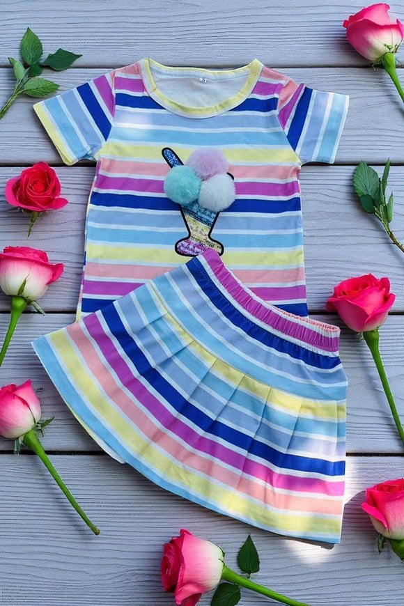 Shop Multi color striped top & pompoms & skirt 2pcs girls sets DLH2872