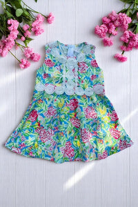 Toddler girls dress suppliers Floral prints & white lace trim kids dress DLH2877