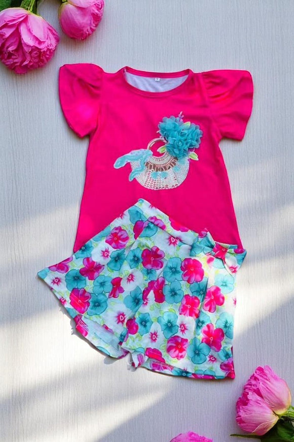 Girls clothing sets wholesale Fuchsia top & floral prints shorts 2pcs children sets DLH2873