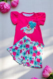 Girls clothing sets wholesale Fuchsia top & floral prints shorts 2pcs children sets DLH2873