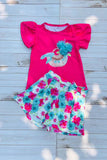 Girls clothing sets wholesale Fuchsia top & floral prints shorts 2pcs children sets DLH2873