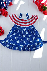 Girls dress wholesale 4th July red stripes & blue stars prints & off shoulder DLH2870