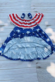 Girls dress wholesale 4th July red stripes & blue stars prints & off shoulder DLH2870