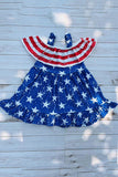 Girls dress wholesale 4th July red stripes & blue stars prints & off shoulder DLH2870