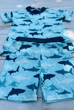 Boy clothing wholesale Multi color shark prints 2pc top & shorts boy pajamas sets DLH2864