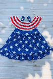 Girls dress wholesale 4th July red stripes & blue stars prints & off shoulder DLH2870