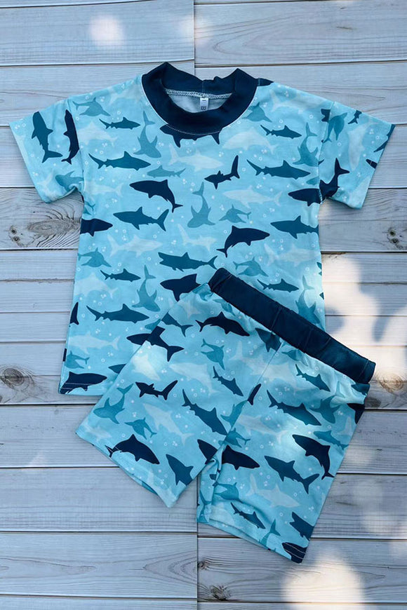 Boy clothing wholesale Multi color shark prints 2pc top & shorts boy pajamas sets DLH2864