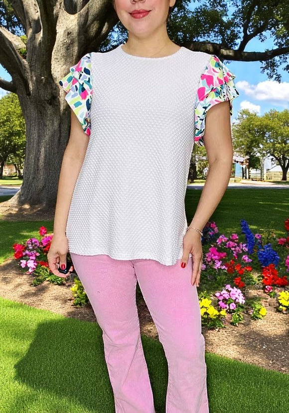 Women's t-shirt wholesale Floral sleeve & white color block ladies top XCH15932