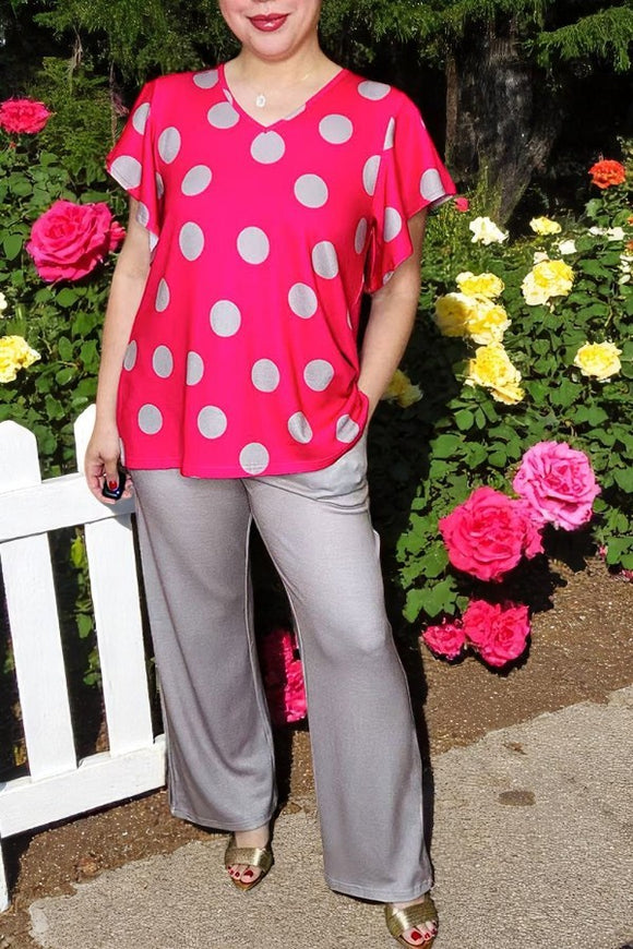 Women clothing wholesale Fuchsia dots & grey wide leg pant 2pcs sets XCH15751