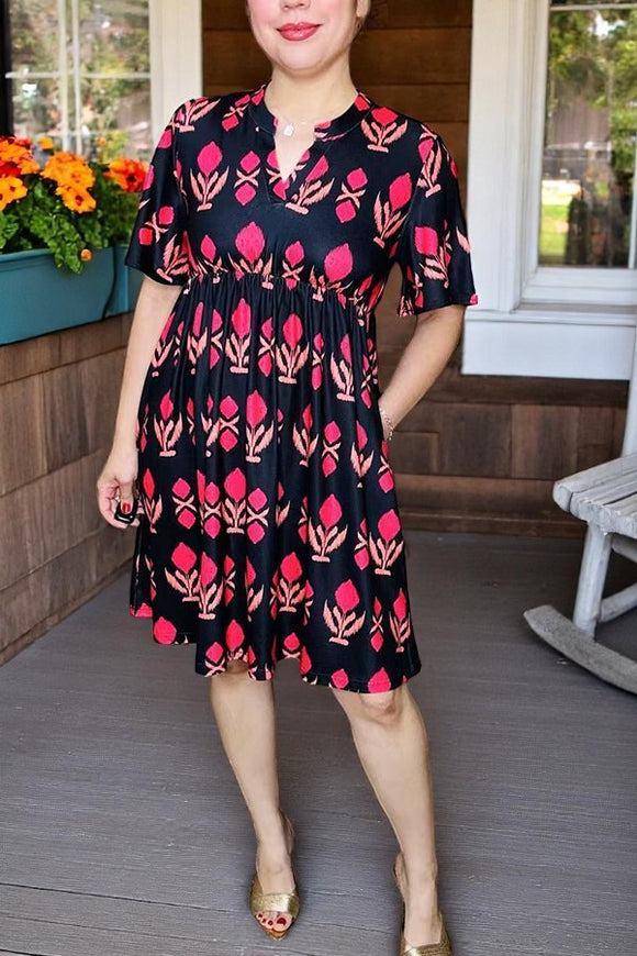 Women dress wholesale Fuchsia patterns printed & short sleeves GJQ16149