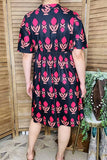 Women dress wholesale Fuchsia patterns printed & short sleeves GJQ16149