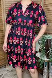Women dress wholesale Fuchsia patterns printed & short sleeves GJQ16149