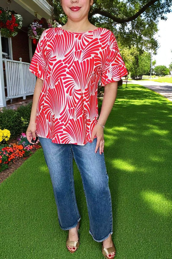 Women clothing wholesale Red patterns print & ruffle short sleeve top GJQ16139