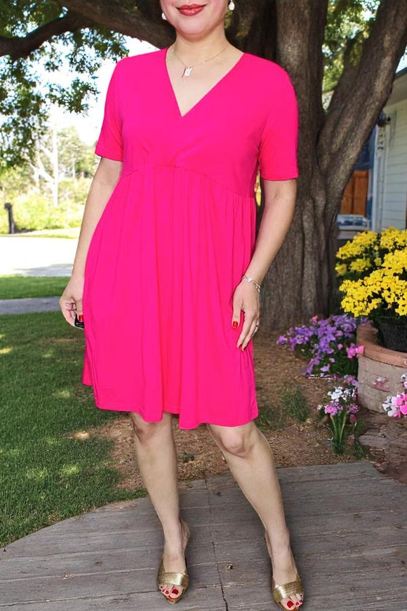 Women dress wholesale Hot pink with short sleeves and v-neckline GJQ14589-1 (A1S1)