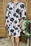 Women dress wholesaler Black floral & stripes with trim & 3/4 sleeves  GJQ16068