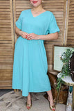 Maxi dress wholesale Cotton Turquoise color with short sleeve pockets GJQ14588-2 (BS3)