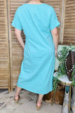 Maxi dress wholesale Cotton Turquoise color with short sleeve pockets GJQ14588-2 (BS3)
