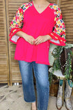 Women top wholesale Fuchsia & floral 3/4 raglan sleeves w/tassels GJQ15231