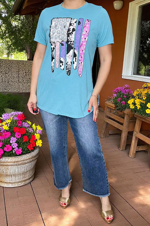 Women t-shirt wholesale Turquoise w/multi cow & jewel printed short sleeves DLH10860 (GS11)