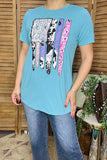 Women t-shirt wholesale Turquoise w/multi cow & jewel printed short sleeves DLH10860 (GS11)