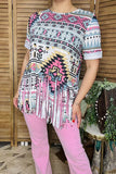 Western women t-shirt wholesale Aztec printed fringe & short sleeves GJQ14187 (BS11)