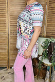 Western women t-shirt wholesale Aztec printed fringe & short sleeves GJQ14187 (BS11)