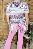 Western women t-shirt wholesale Aztec printed fringe & short sleeves GJQ14187 (BS11)