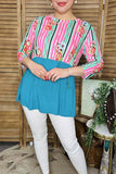 Western t-shirt wholesaler Striped & floral printed & turquoise color block 3/4 sleeves GJQ9144  (FW11)