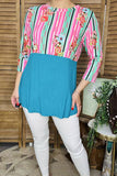 Western t-shirt wholesaler Striped & floral printed & turquoise color block 3/4 sleeves GJQ9144  (FW11)
