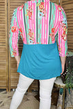 Western t-shirt wholesaler Striped & floral printed & turquoise color block 3/4 sleeves GJQ9144  (FW11)