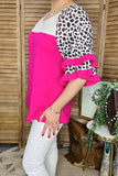 Blouse women's suppliers Ribbed knitted fabric Leopard & white & fuchsia color block bell sleeves XCH16117