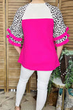Blouse women's suppliers Ribbed knitted fabric Leopard & white & fuchsia color block bell sleeves XCH16117
