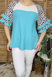 Women's top wholesale Ribbed knitted fabric Leopard & white & turquoise color block bell sleeves XCH16124