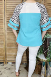 Women's top wholesale Ribbed knitted fabric Leopard & white & turquoise color block bell sleeves XCH16124