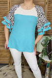 Women's top wholesale Ribbed knitted fabric Leopard & white & turquoise color block bell sleeves XCH16124