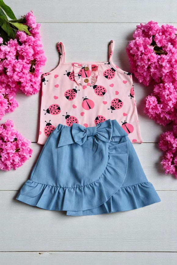 Girls summer sets wholesale Ladybug top & denim shorts 2pcs children clothes XCH04031