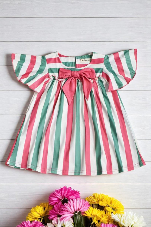 Shop girls dress Red whtie green stripes printed & ruffle short sleeves XCH03027