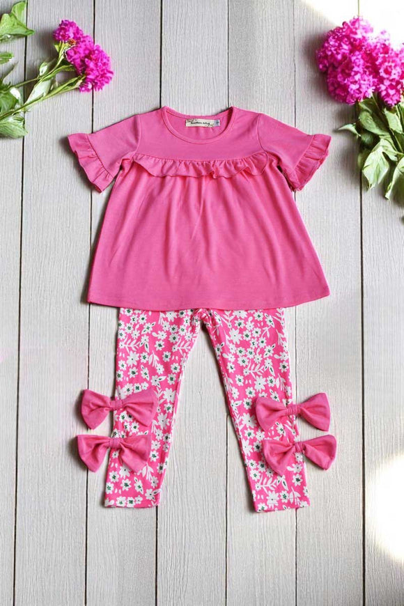 Childrern clothing suppliers Pink ruffle top & floral pant 2pc girls sets XCH04034