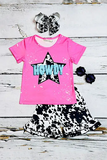 Girls boutique clothing wholesale "HOWDY" pink w/cow print short sleeve 2pc set XCH0777-9H