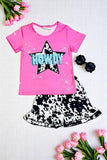 Girls boutique clothing wholesale "HOWDY" pink w/cow print short sleeve 2pc set XCH0777-9H