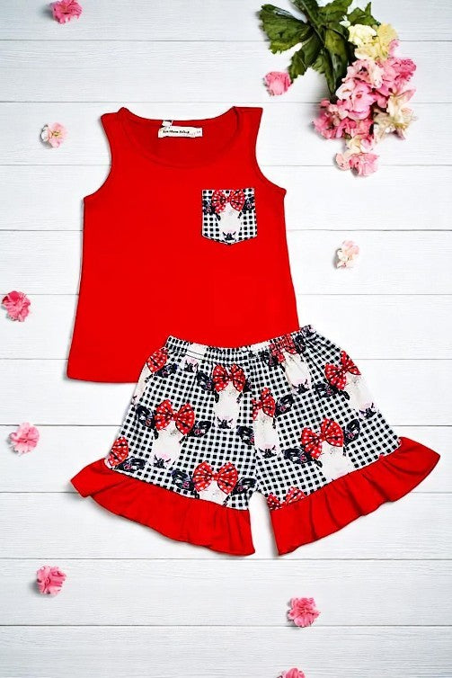 Summer girls clothes wholesale Red cow & white/black plaid printed 2pcgirl set XCH0777-34H (A3S5)