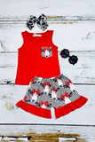 Summer girls clothes wholesale Red cow & white/black plaid printed 2pcgirl set XCH0777-34H (A3S5)